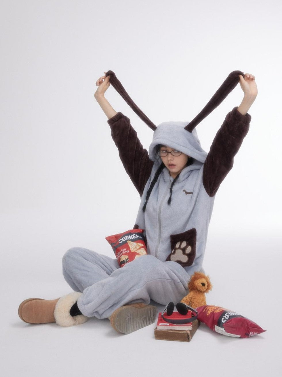 BETWEENAND Cartoon Puppy Hooded Short Sleeve Shorts Women&