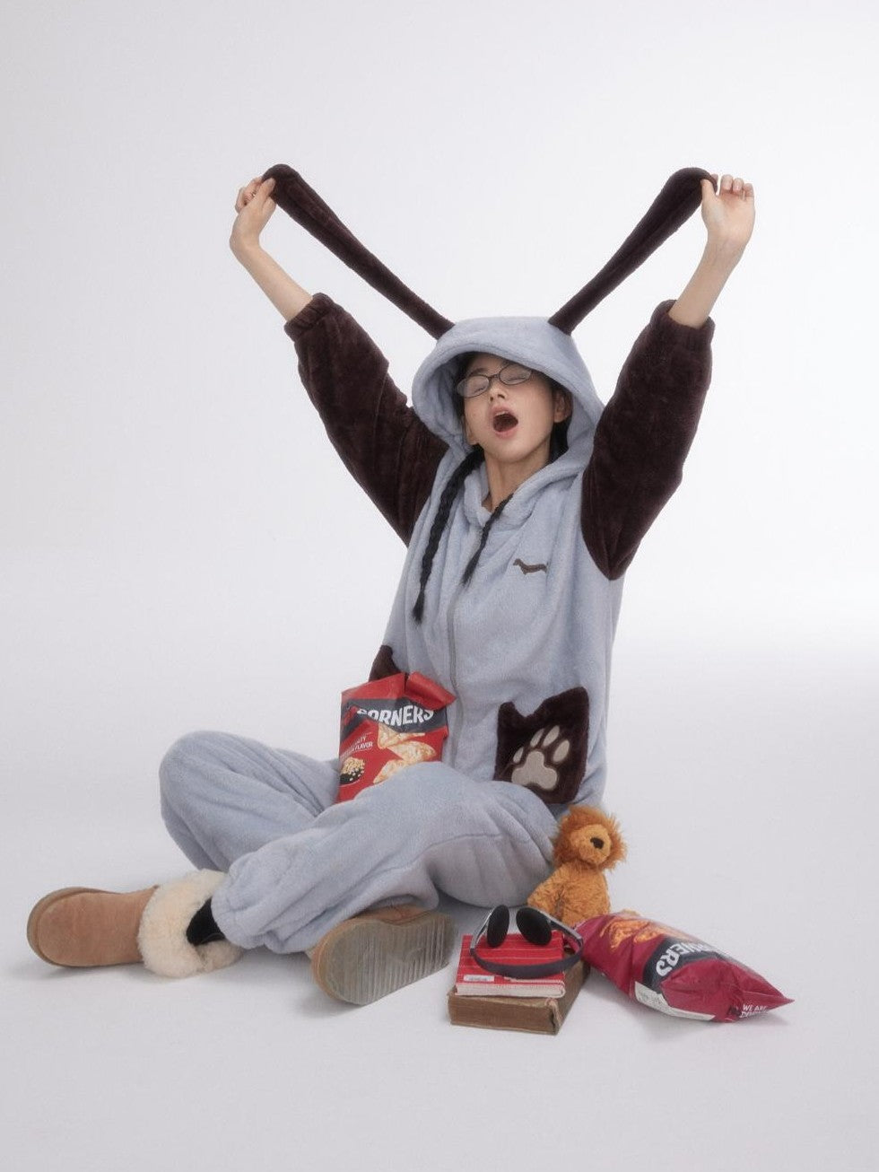 BETWEENAND Cartoon Puppy Hooded Short Sleeve Shorts Women&
