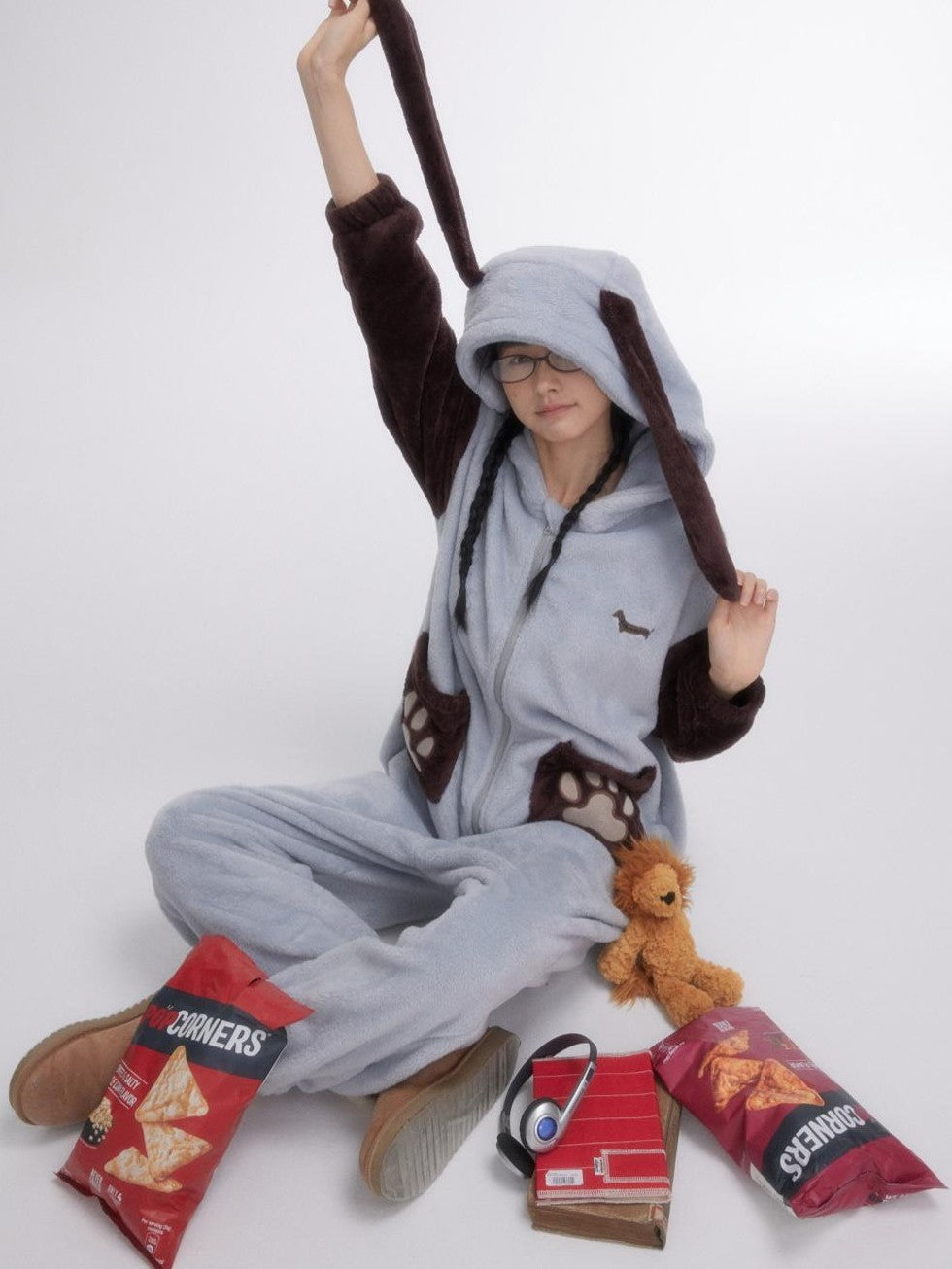 BETWEENAND Cartoon Puppy Hooded Short Sleeve Shorts Women&