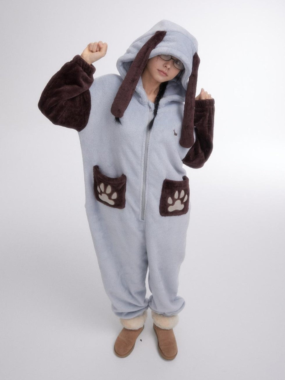 BETWEENAND Cartoon Puppy Hooded Short Sleeve Shorts Women&