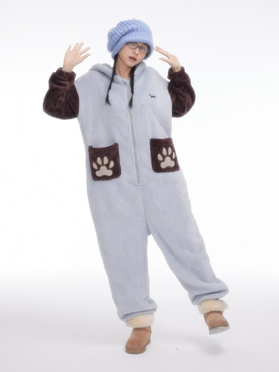 BETWEENAND Cartoon Puppy Hooded Short Sleeve Shorts Women&