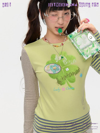 BETWEENAND Colorblock Graffiti Clover Print Women&