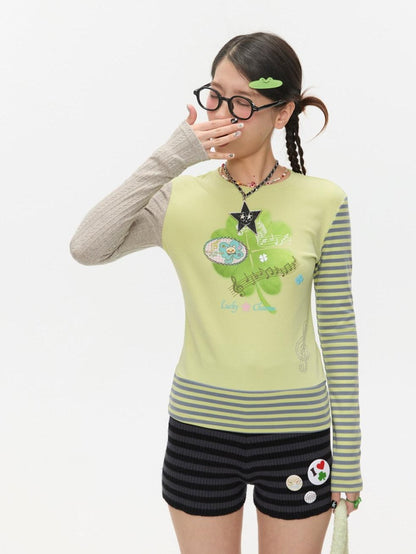 BETWEENAND Colorblock Graffiti Clover Print Women&