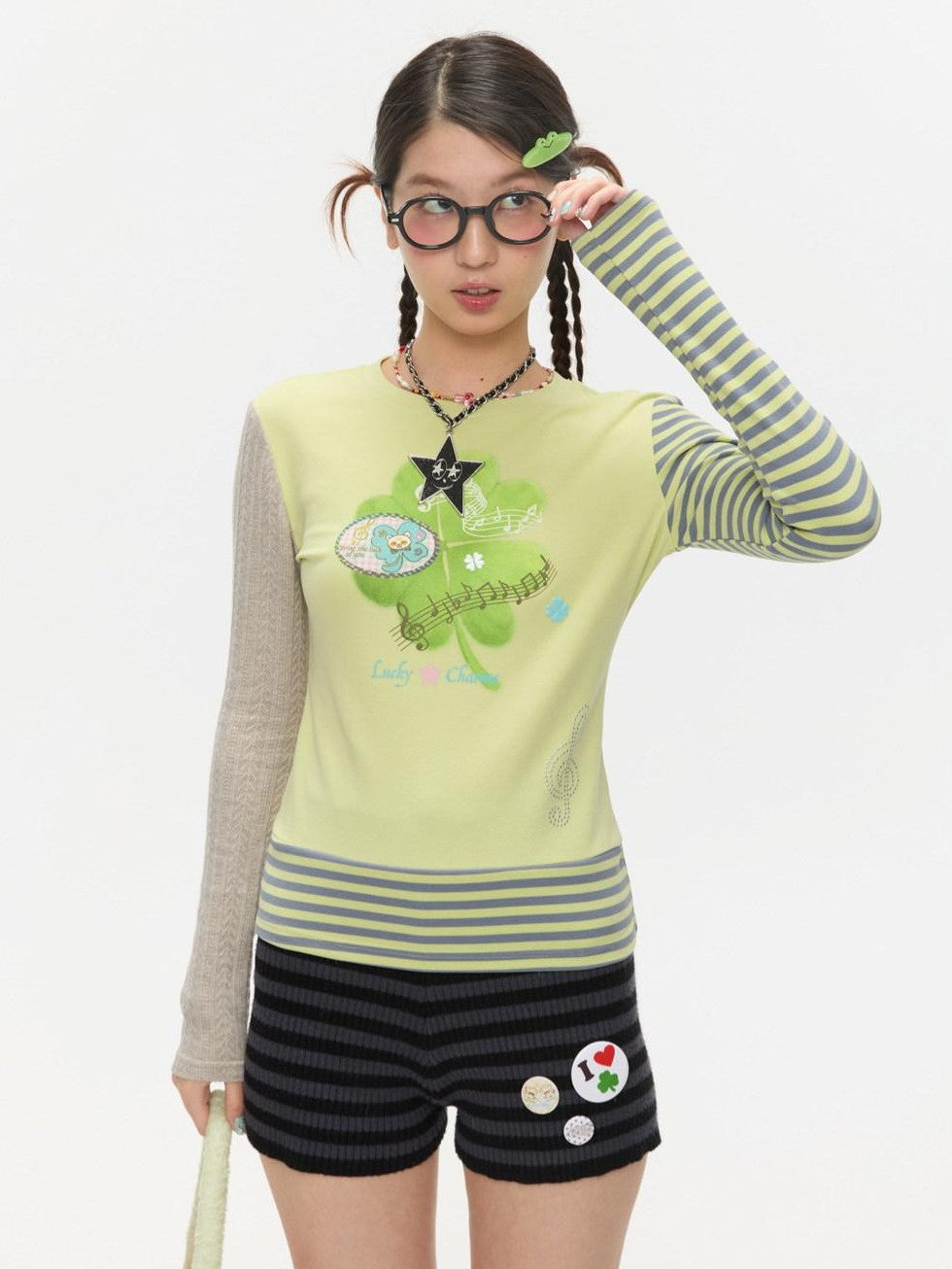 BETWEENAND Colorblock Graffiti Clover Print Women&