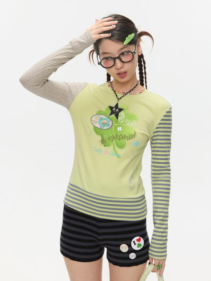 BETWEENAND Colorblock Graffiti Clover Print Women&