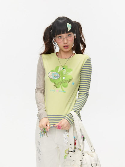 BETWEENAND Colorblock Graffiti Clover Print Women&