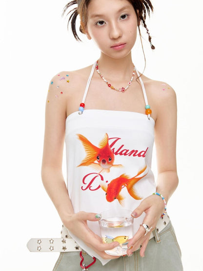 BETWEENAND Colorful Beaded Goldfish Animal Print Slim Fit Women&