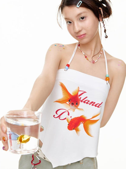 BETWEENAND Colorful Beaded Goldfish Animal Print Slim Fit Women&