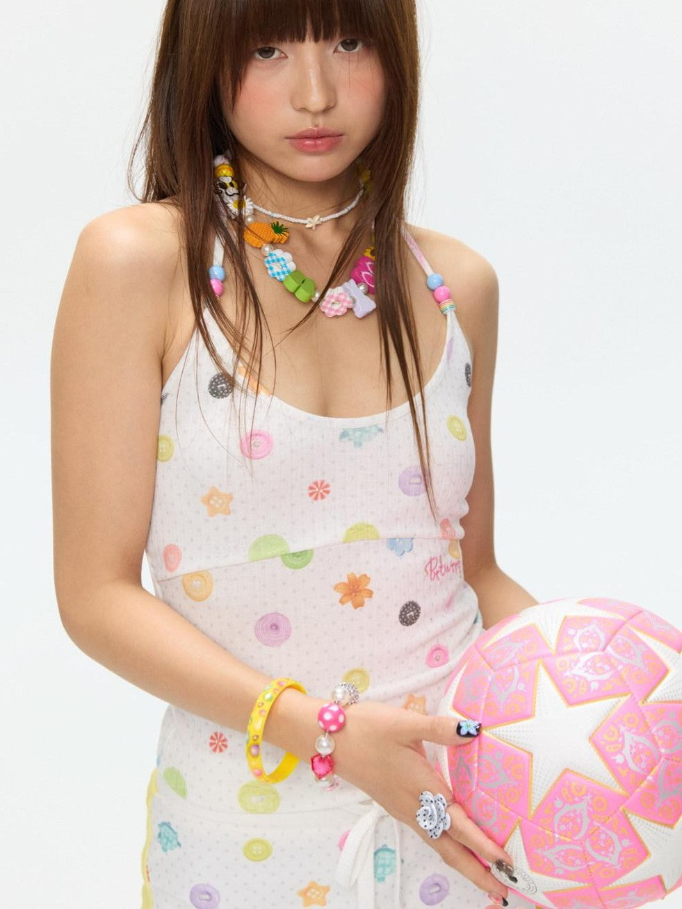 BETWEENAND Colorful Button Halter Neck Women&