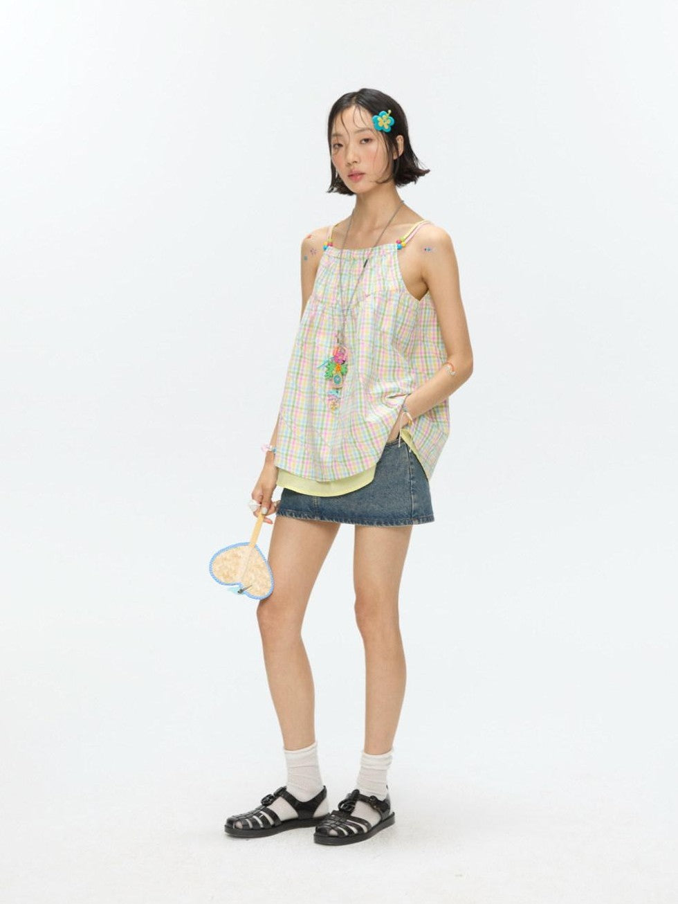 BETWEENAND Colorful Plaid Adjustable Straps Loose Fit Women&