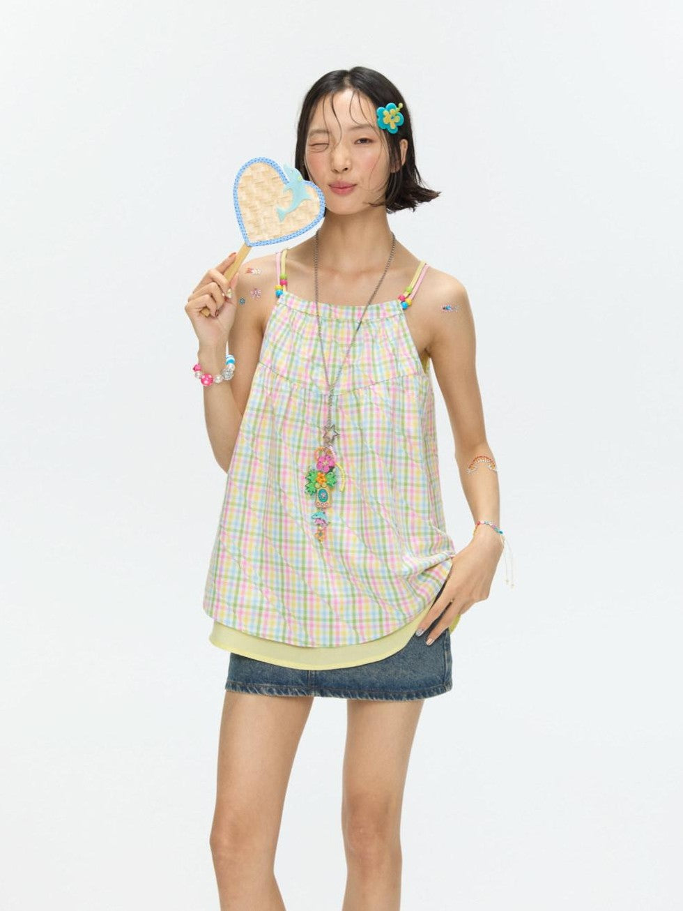 BETWEENAND Colorful Plaid Adjustable Straps Loose Fit Women&