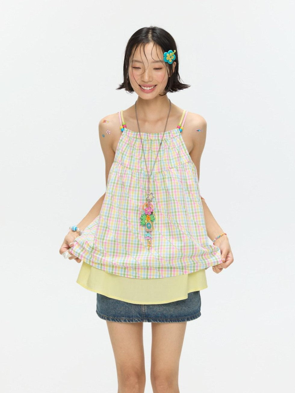 BETWEENAND Colorful Plaid Adjustable Straps Loose Fit Women&
