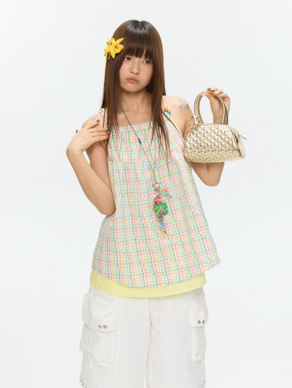 BETWEENAND Colorful Plaid Adjustable Straps Loose Fit Women&