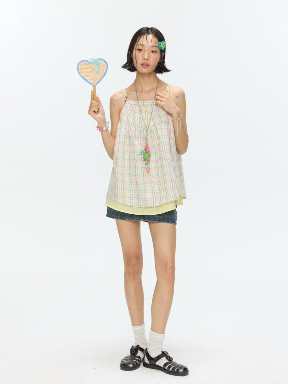 BETWEENAND Colorful Plaid Adjustable Straps Loose Fit Women&
