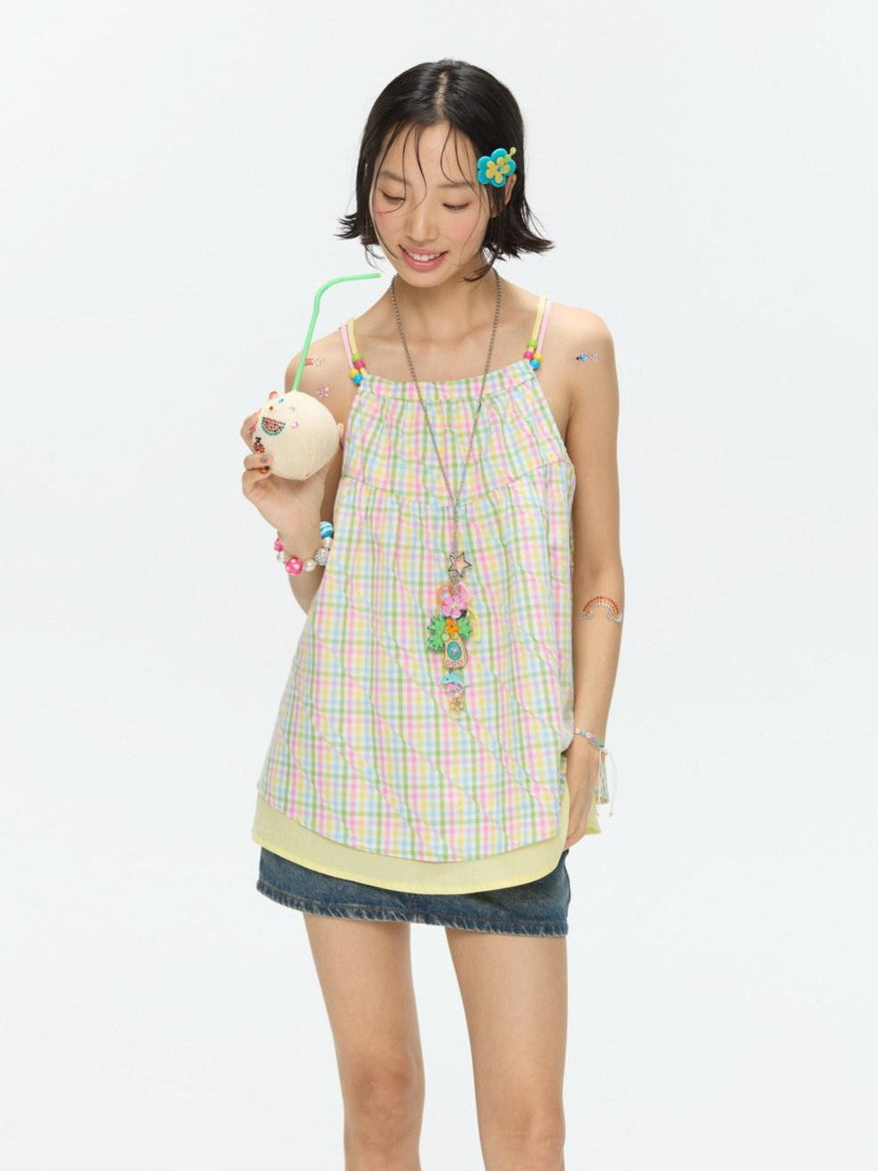 BETWEENAND Colorful Plaid Adjustable Straps Loose Fit Women&