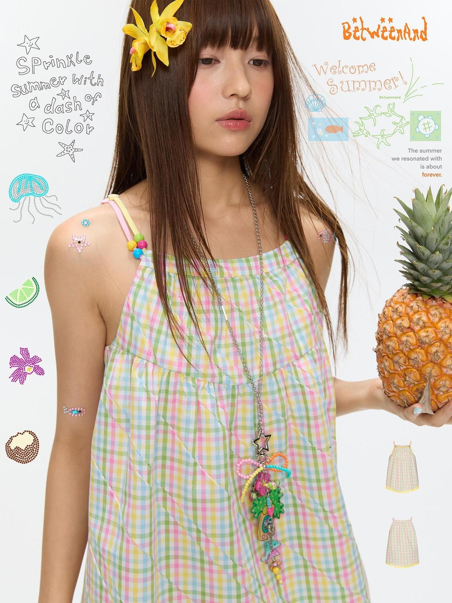 BETWEENAND Colorful Plaid Adjustable Straps Loose Fit Women&