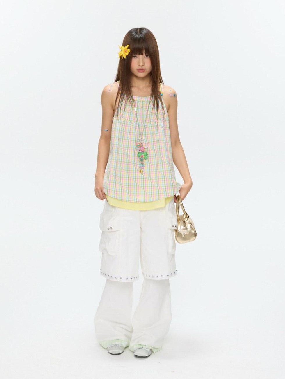 BETWEENAND Colorful Plaid Adjustable Straps Loose Fit Women&