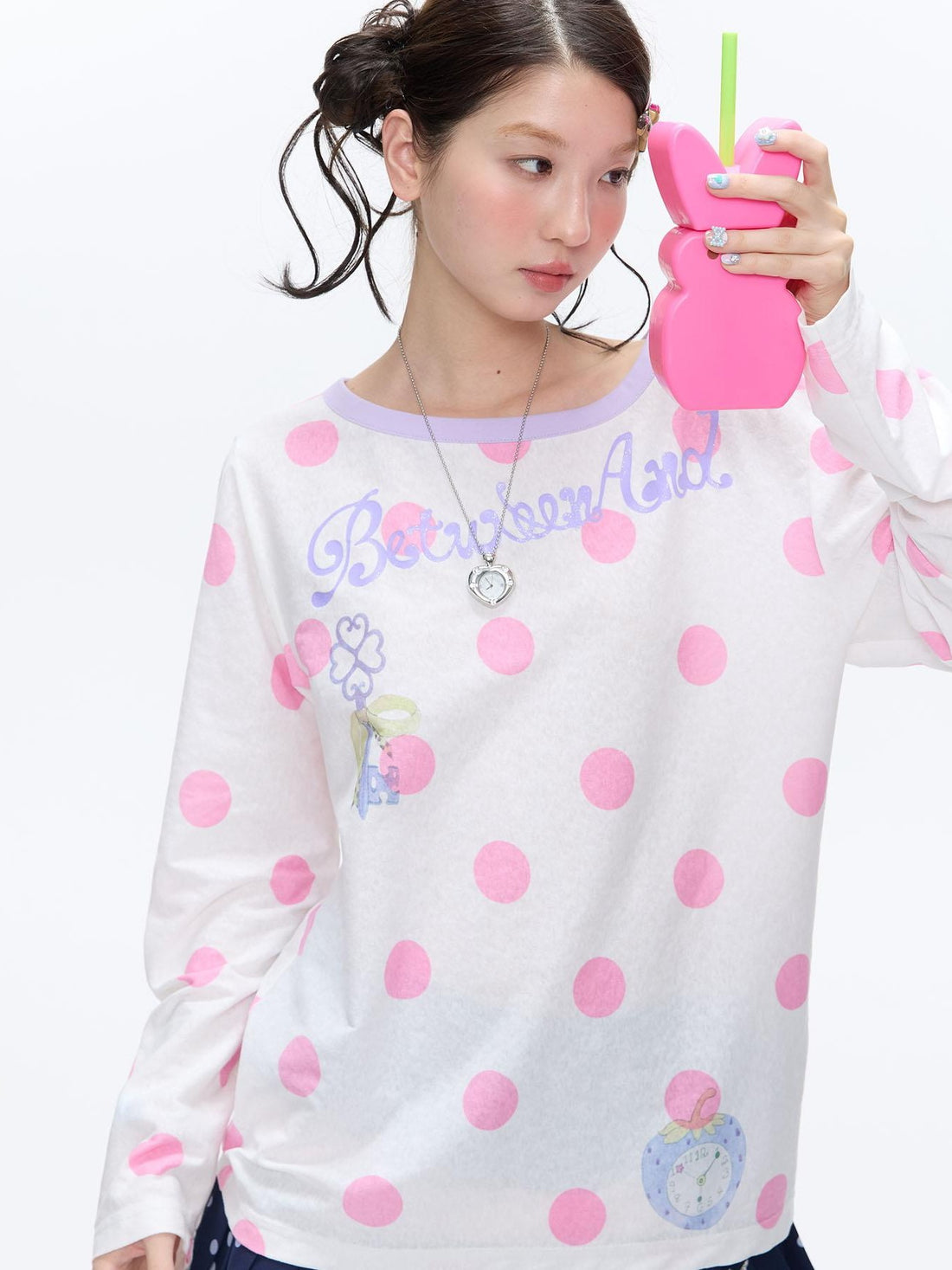 BETWEENAND Contrast Polka Dot One Shoulder Print Women&