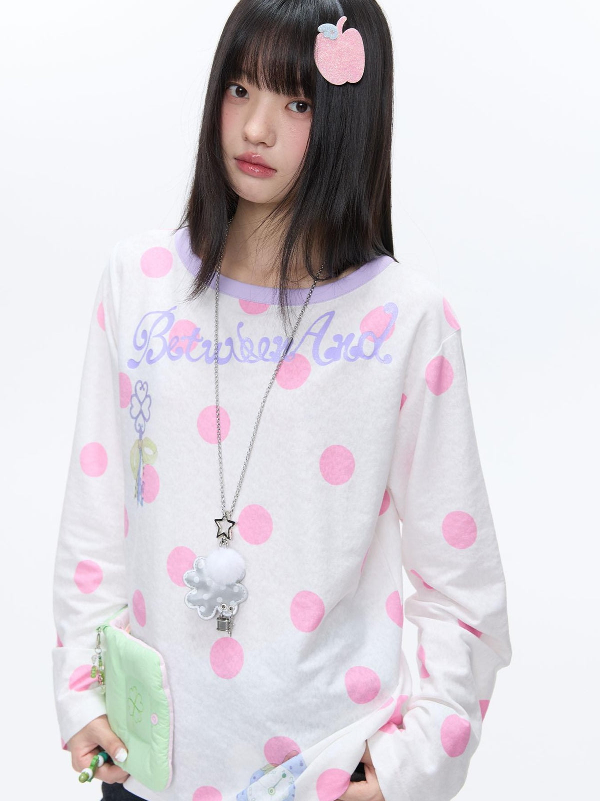 BETWEENAND Contrast Polka Dot One Shoulder Print Women&