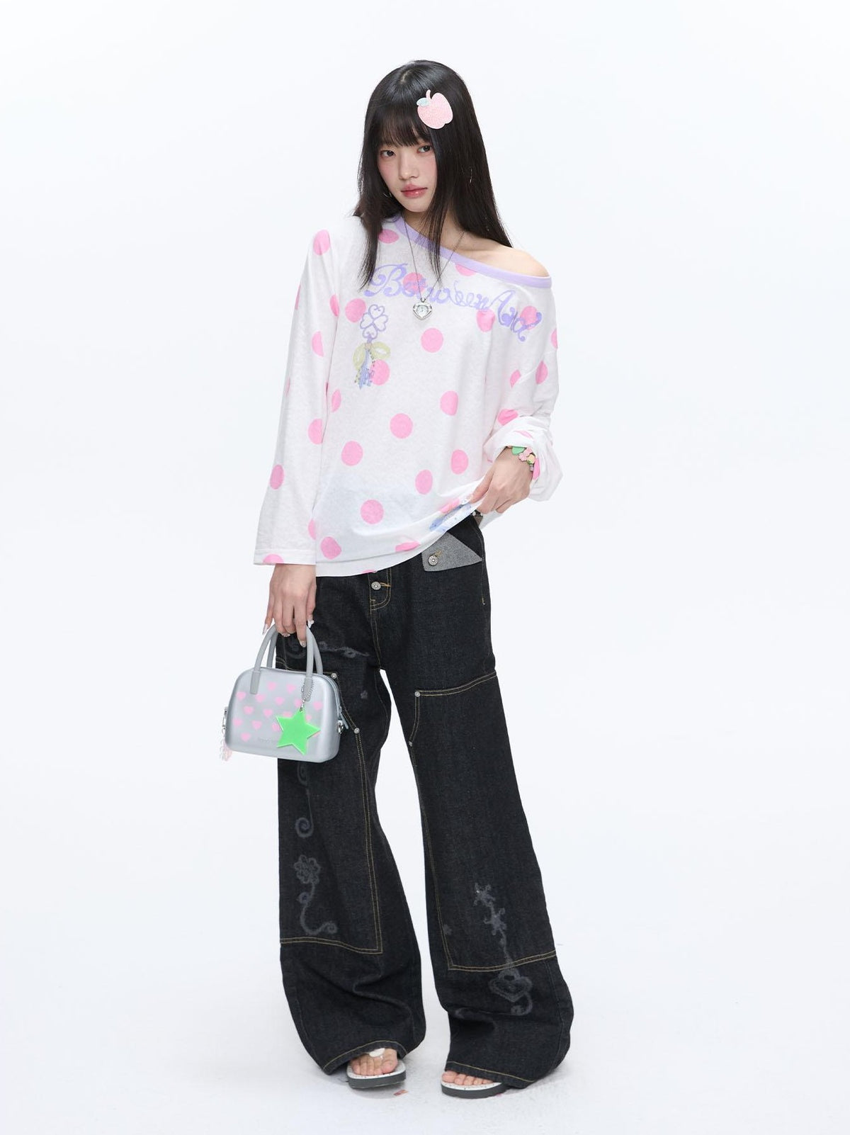 BETWEENAND Contrast Polka Dot One Shoulder Print Women&