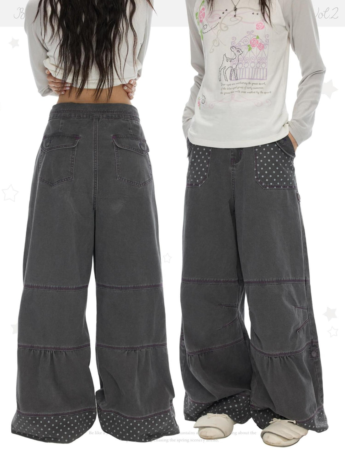 BETWEENAND Contrast Stitching Polka Dot Split Cotton Women&