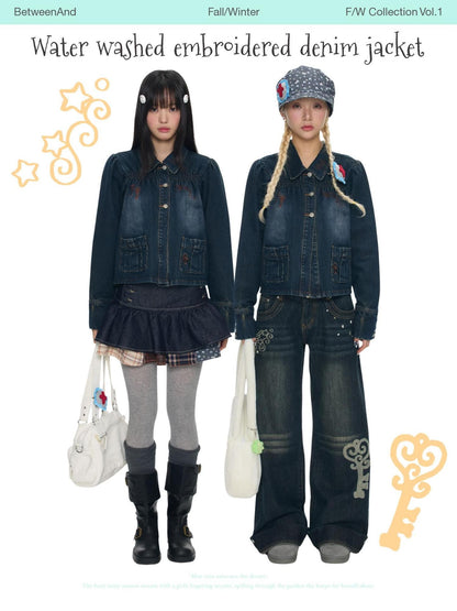 BETWEENAND Cool Washed Key Star Music Note Embroidery Straight Women&
