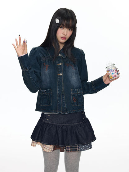 BETWEENAND Cool Washed Key Star Music Note Embroidery Straight Women&