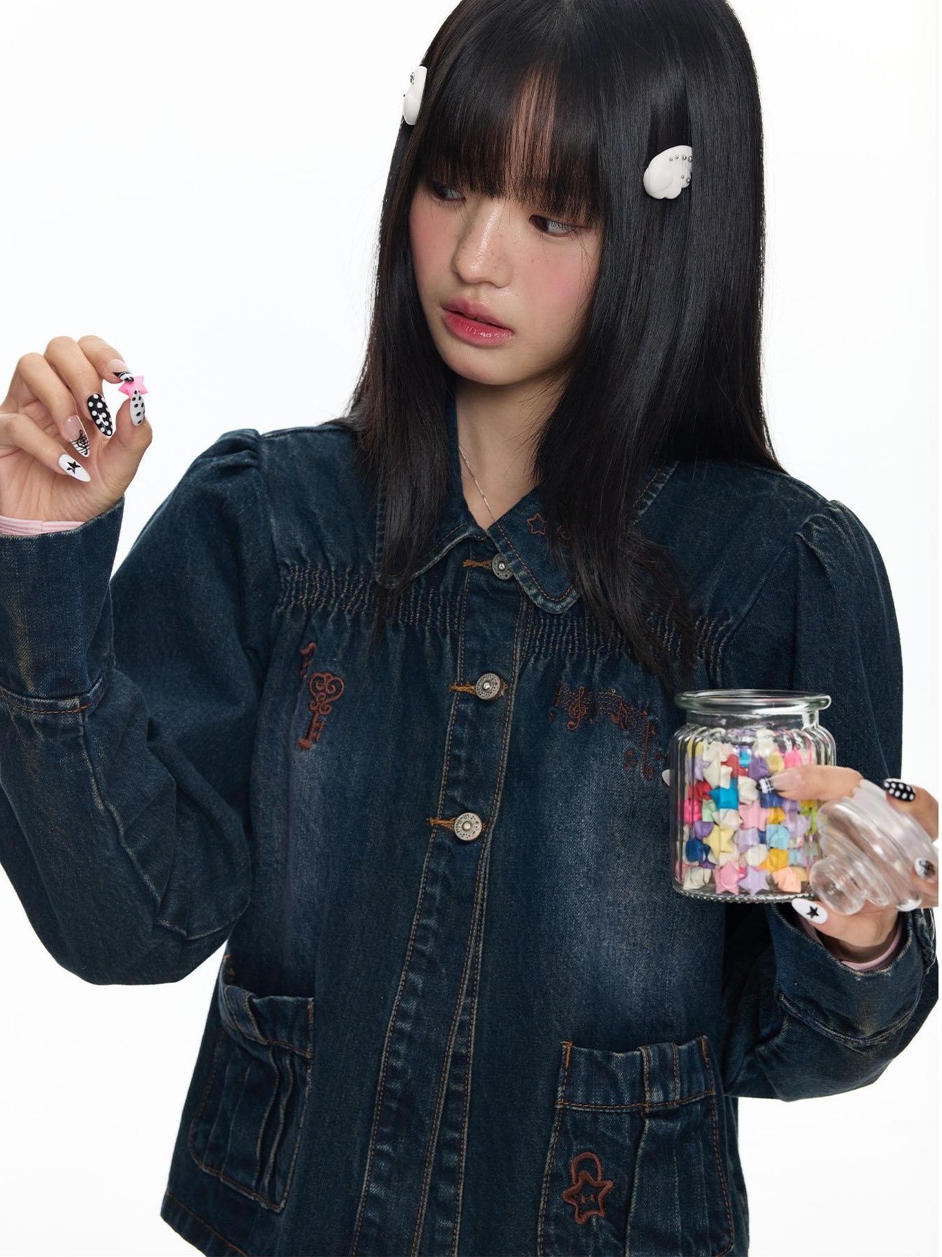 BETWEENAND Cool Washed Key Star Music Note Embroidery Straight Women&