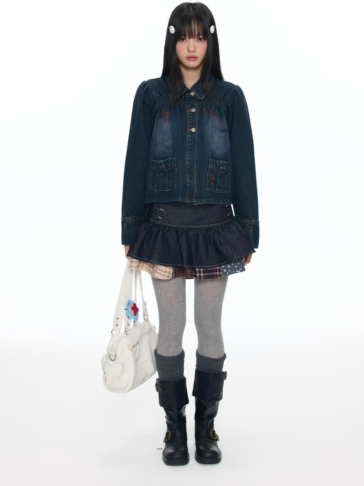 BETWEENAND Cool Washed Key Star Music Note Embroidery Straight Women&
