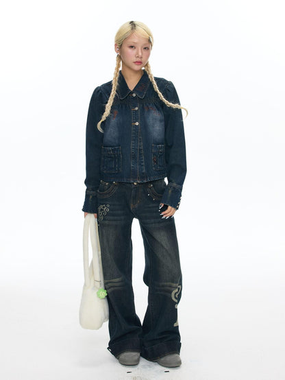 BETWEENAND Cool Washed Key Star Music Note Embroidery Straight Women&