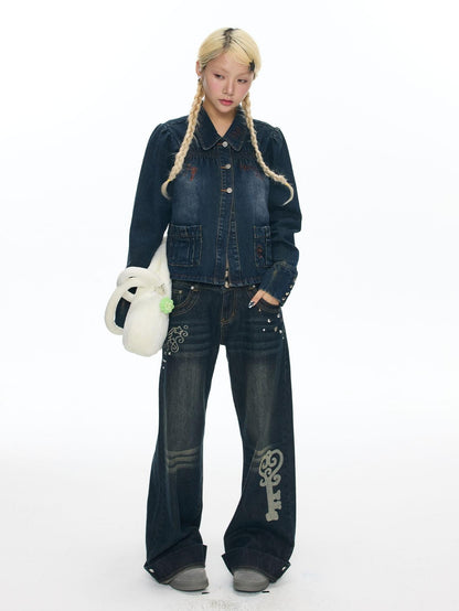 BETWEENAND Cool Washed Key Star Music Note Embroidery Straight Women&