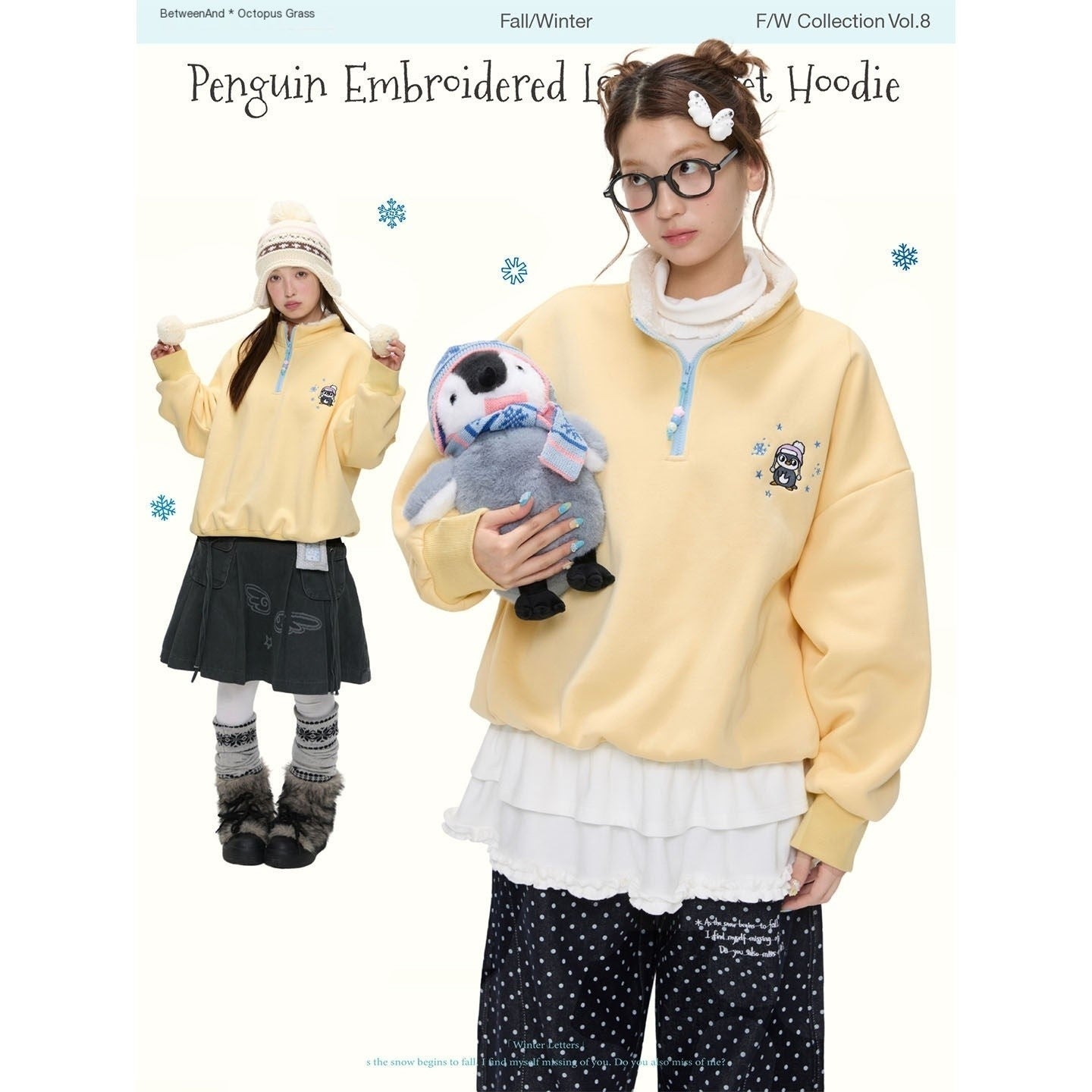 BETWEENAND_Cream_Yellow_Penguin_Embroidered_Henley_Fleece_Women&