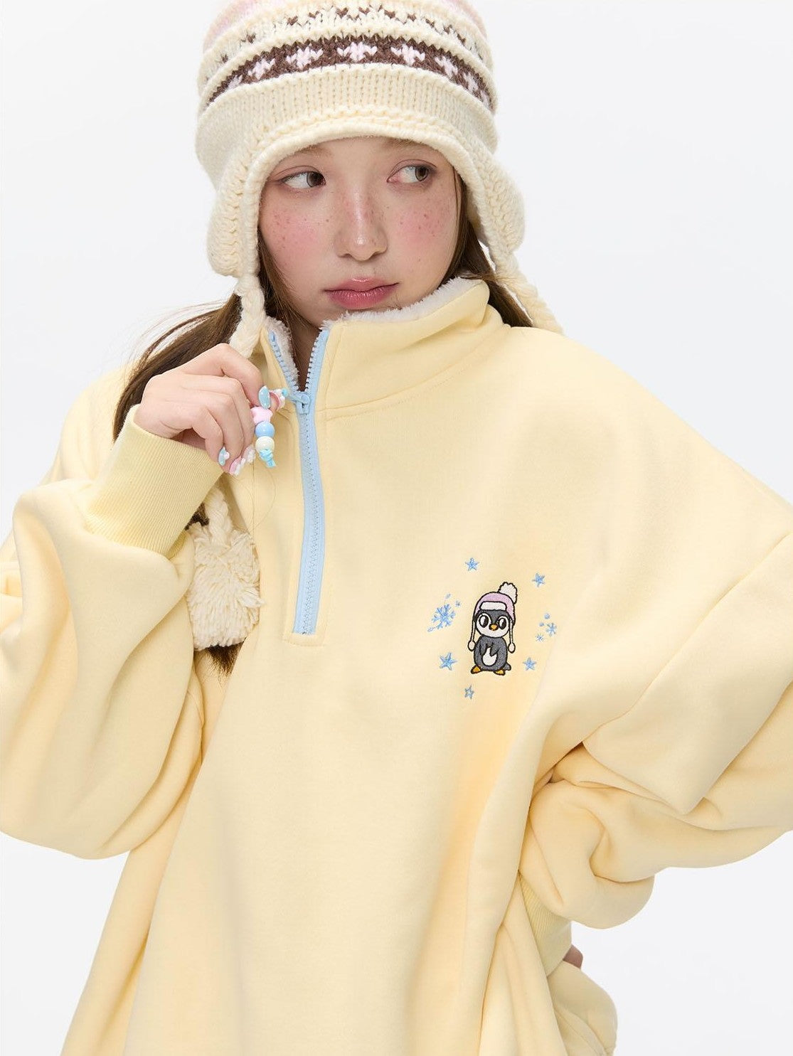 BETWEENAND Cream Yellow Penguin Embroidered Henley Fleece Women&