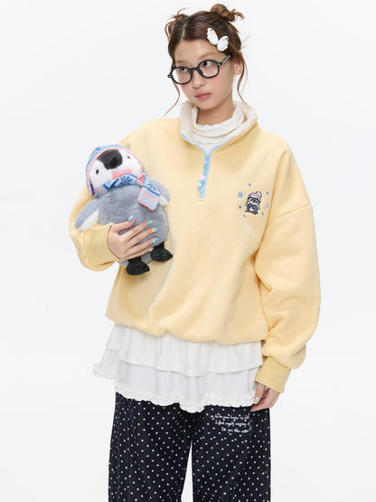 BETWEENAND Cream Yellow Penguin Embroidered Henley Fleece Women&