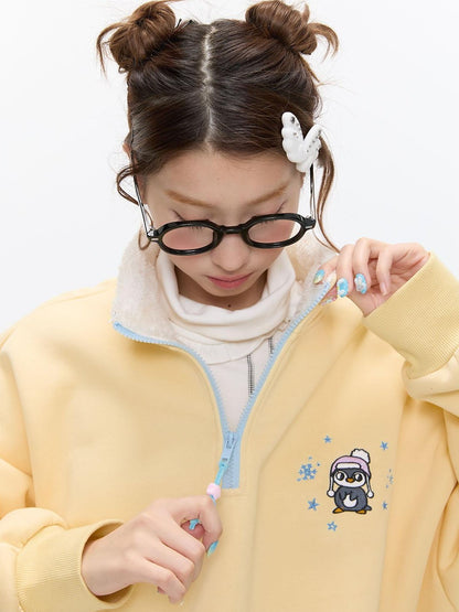 BETWEENAND Cream Yellow Penguin Embroidered Henley Fleece Women&