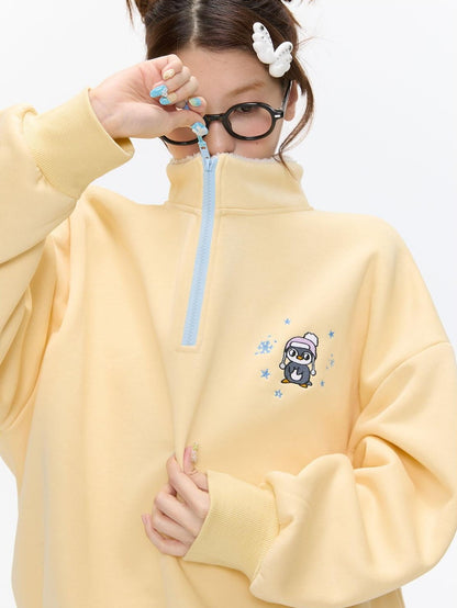 BETWEENAND Cream Yellow Penguin Embroidered Henley Fleece Women&