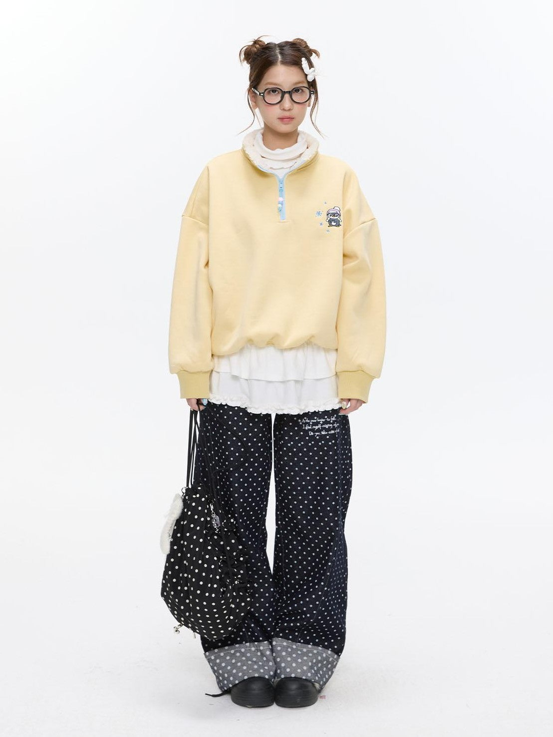 BETWEENAND Cream Yellow Penguin Embroidered Henley Fleece Women&