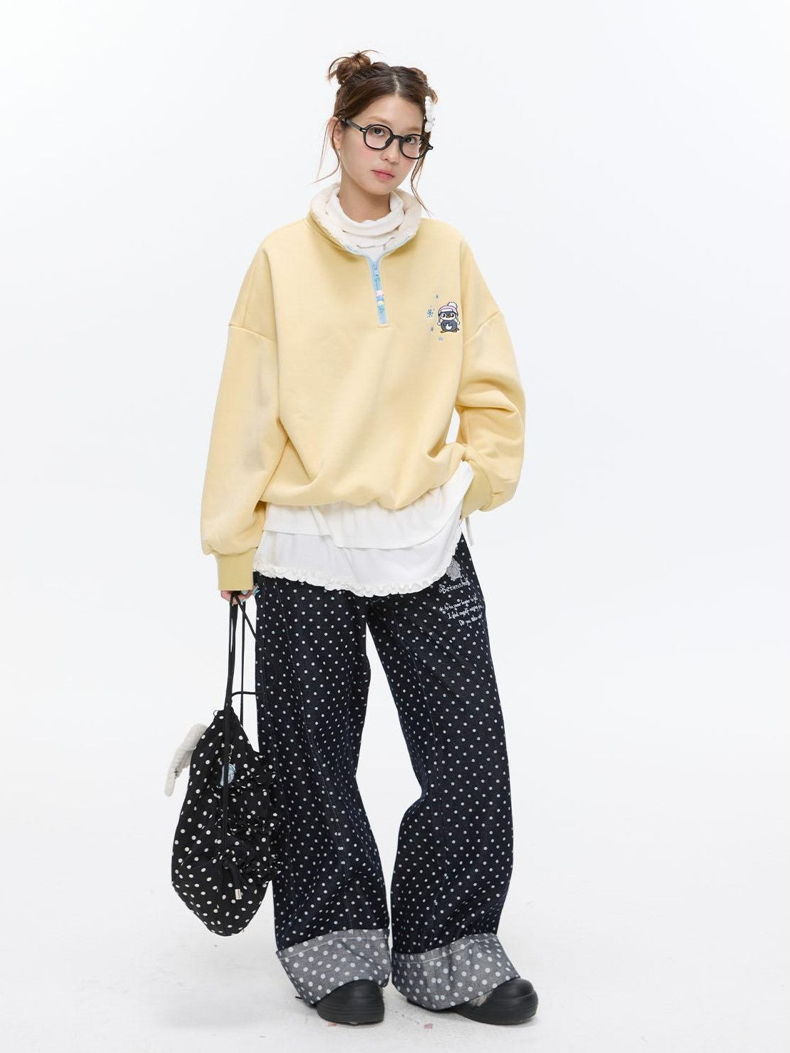 BETWEENAND Cream Yellow Penguin Embroidered Henley Fleece Women&