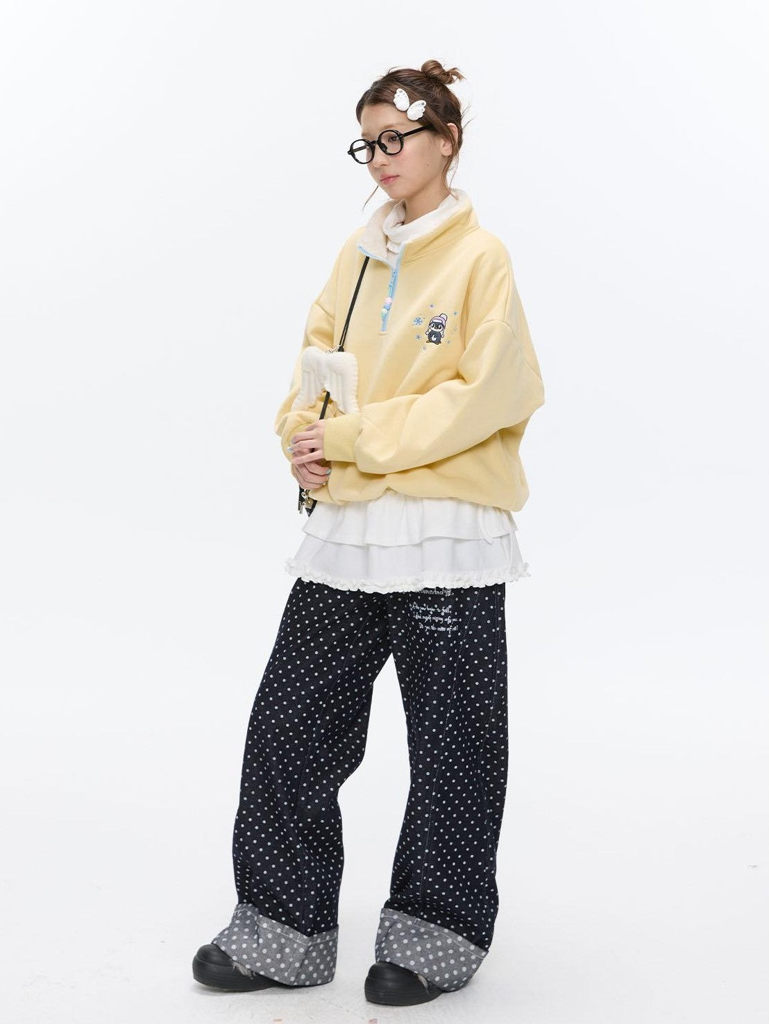 BETWEENAND Cream Yellow Penguin Embroidered Henley Fleece Women&