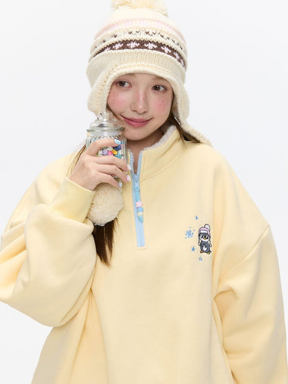 BETWEENAND Cream Yellow Penguin Embroidered Henley Fleece Women&