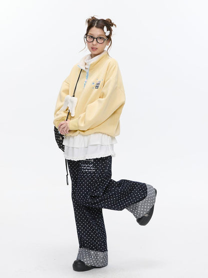 BETWEENAND Cream Yellow Penguin Embroidered Henley Fleece Women&