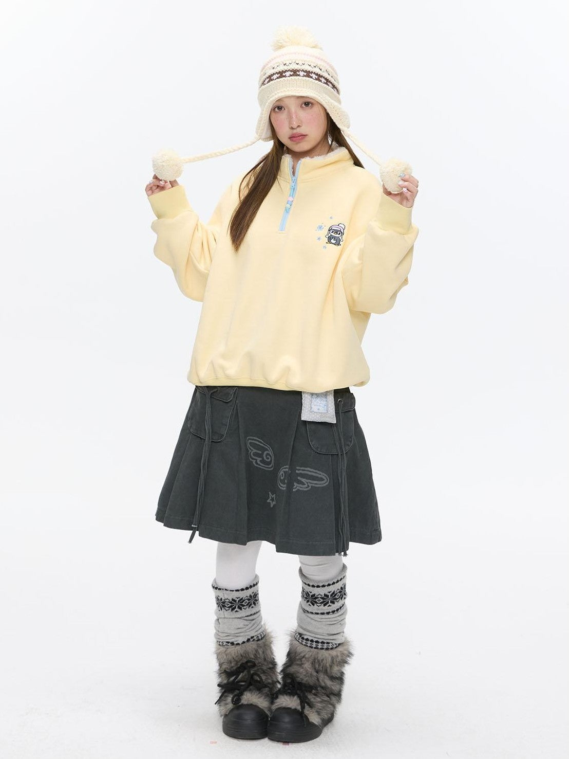 BETWEENAND Cream Yellow Penguin Embroidered Henley Fleece Women&