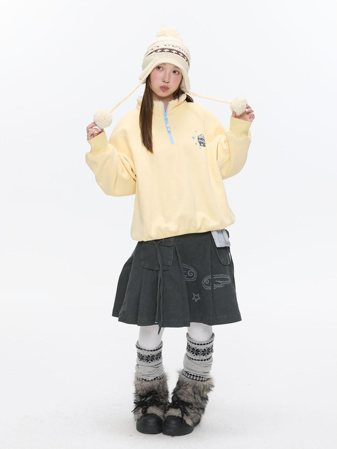 BETWEENAND Cream Yellow Penguin Embroidered Henley Fleece Women&