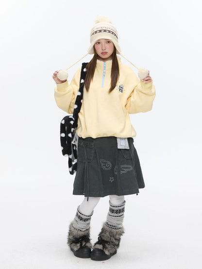BETWEENAND Cream Yellow Penguin Embroidered Henley Fleece Women&