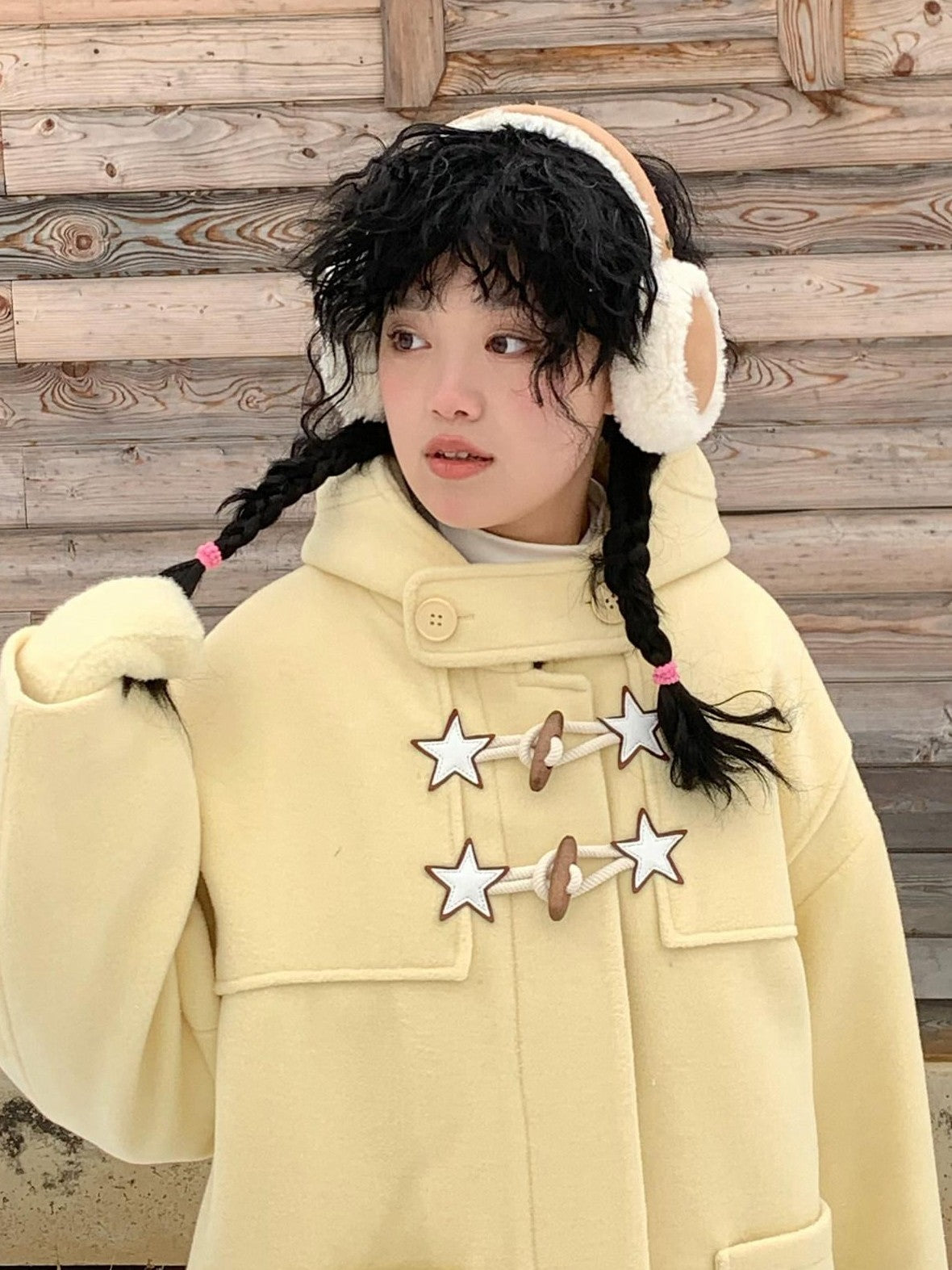 BETWEENAND Cream Yellow Star Print Hooded Leather Toggle Women&