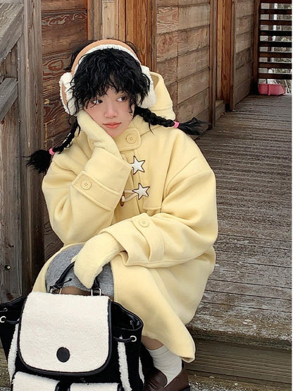 BETWEENAND Cream Yellow Star Print Hooded Leather Toggle Women&