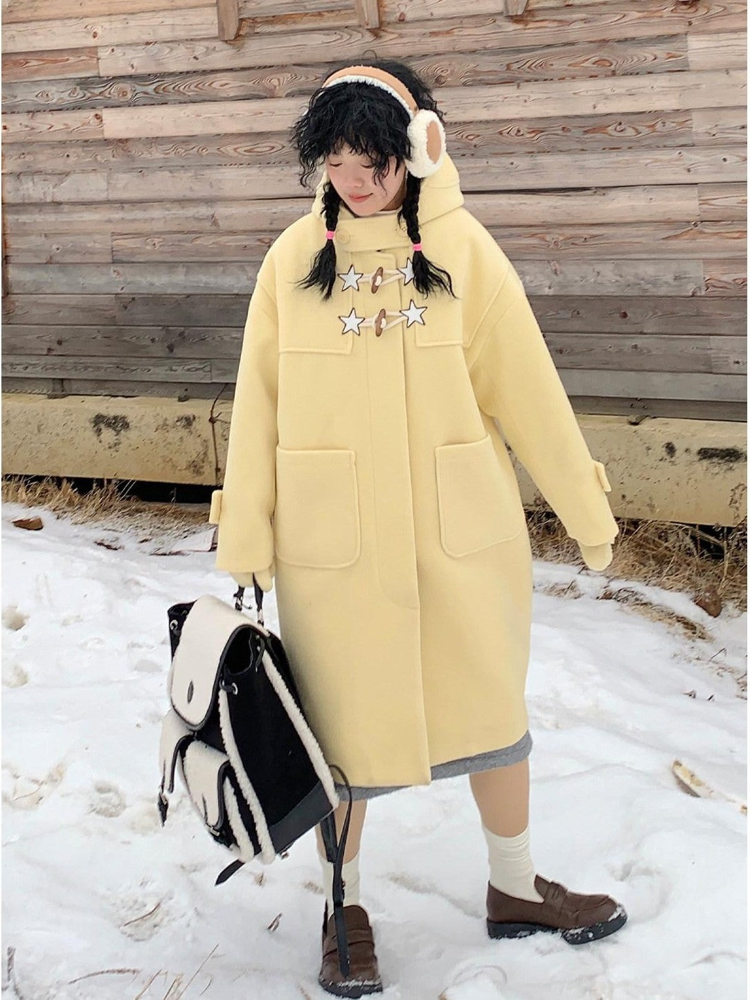 BETWEENAND Cream Yellow Star Print Hooded Leather Toggle Women&