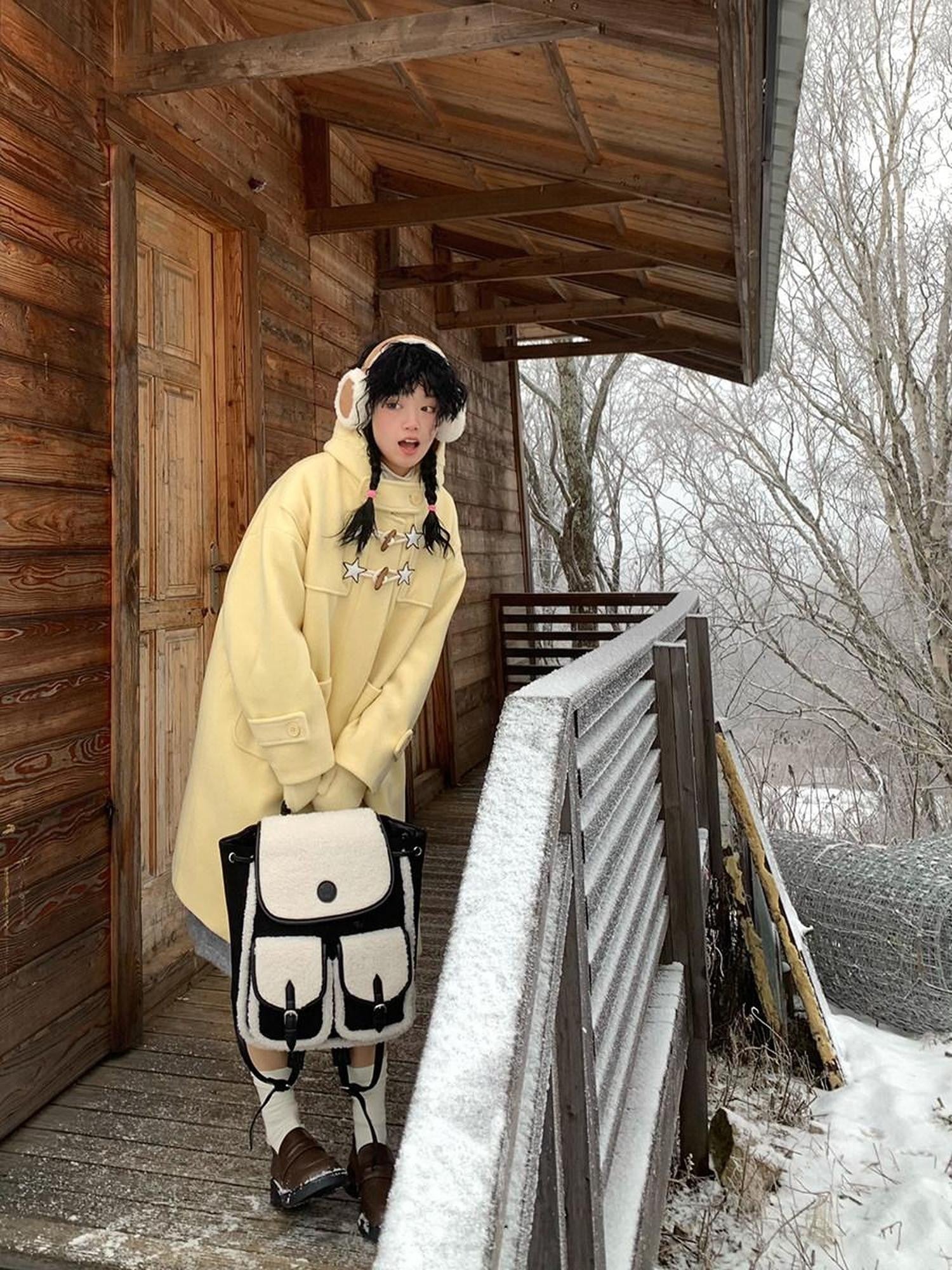 BETWEENAND Cream Yellow Star Print Hooded Leather Toggle Women&