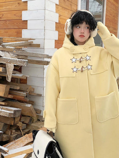 BETWEENAND Cream Yellow Star Print Hooded Leather Toggle Women&