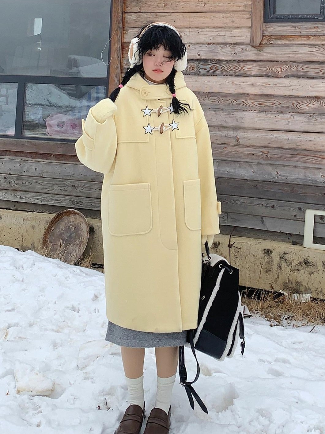 BETWEENAND Cream Yellow Star Print Hooded Leather Toggle Women&
